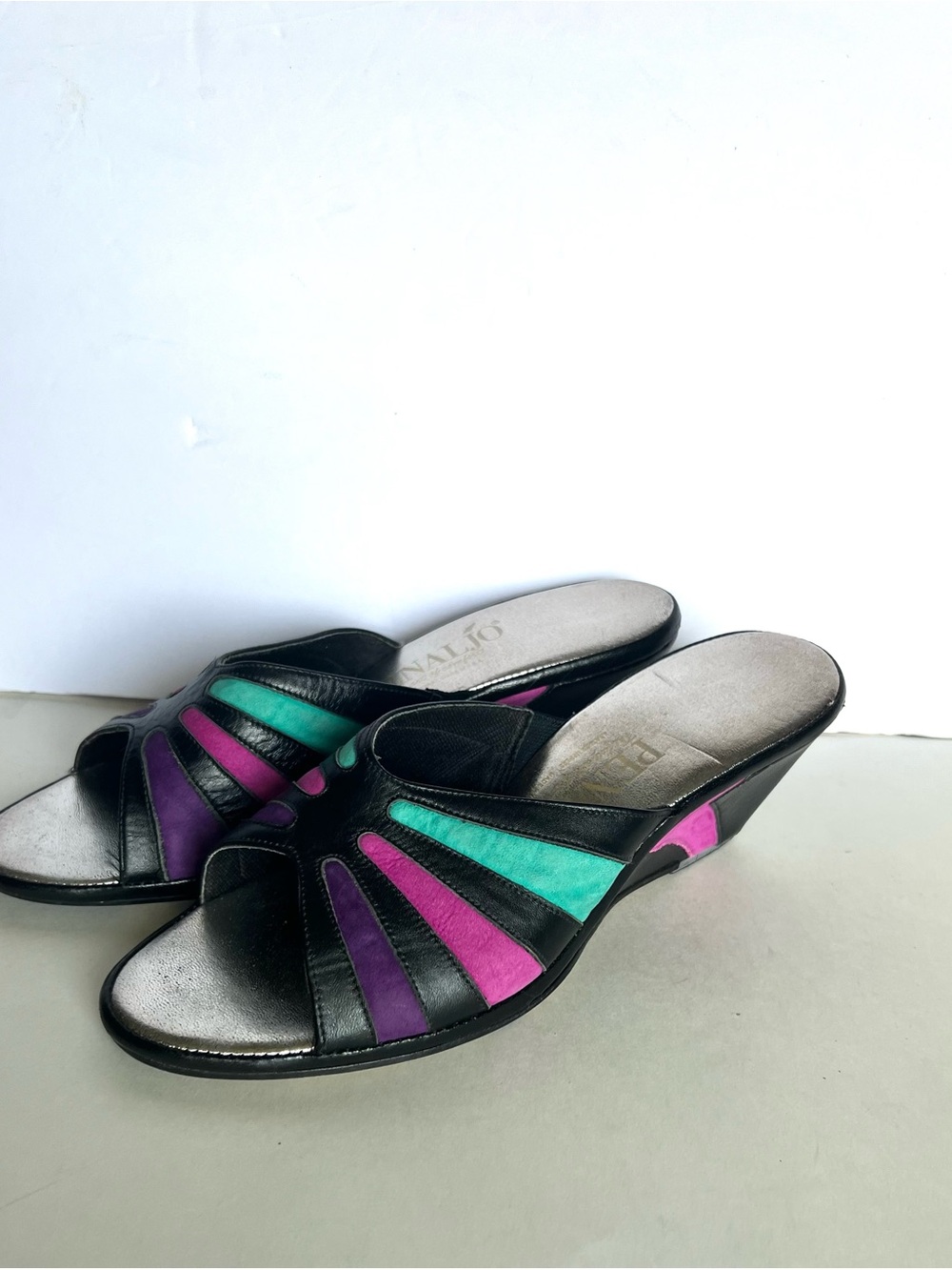 Penaljo Sz 8 Black Slip-On Wedge Sandals with Teal & Purple Accents Soft Leather
